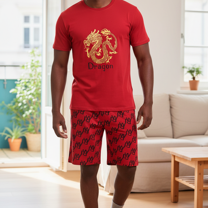 Schlafanzug Herren kurz Rot mit Drachen-Print - Ansicht 1