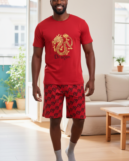 Schlafanzug Herren kurz Rot mit Drachen-Print - Ansicht 1