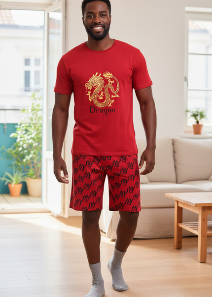 Schlafanzug Herren kurz Rot mit Drachen-Print - Ansicht 1