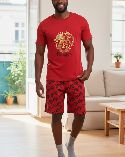 Schlafanzug Herren kurz Rot mit Drachen-Print - Ansicht 3