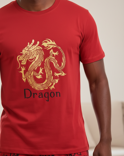 Schlafanzug Herren kurz Rot mit Drachen-Print - Ansicht 4