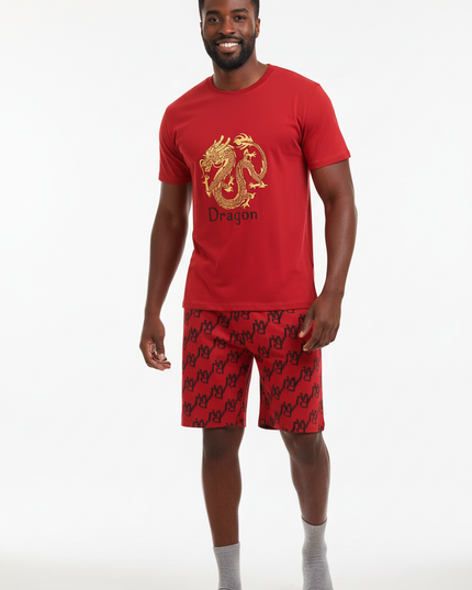 Schlafanzug Herren kurz Rot mit Drachen-Print - Ansicht 5