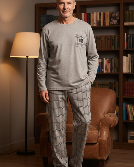 Schlafanzug Herren lang XXXL - beiges Karo-Design - Ansicht 1
