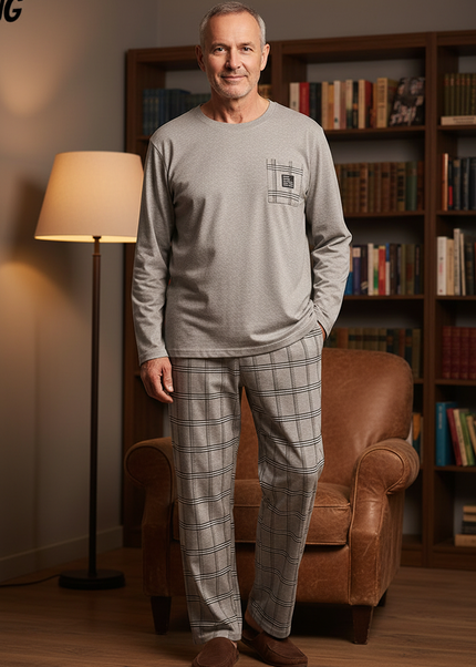 Schlafanzug Herren lang XXXL - beiges Karo-Design - Ansicht 1