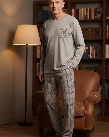 Schlafanzug Herren lang XXXL - beiges Karo-Design - Ansicht 3