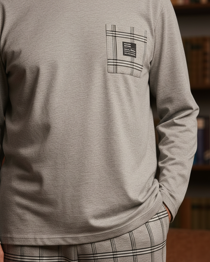 Schlafanzug Herren lang XXXL - beiges Karo-Design - Ansicht 4