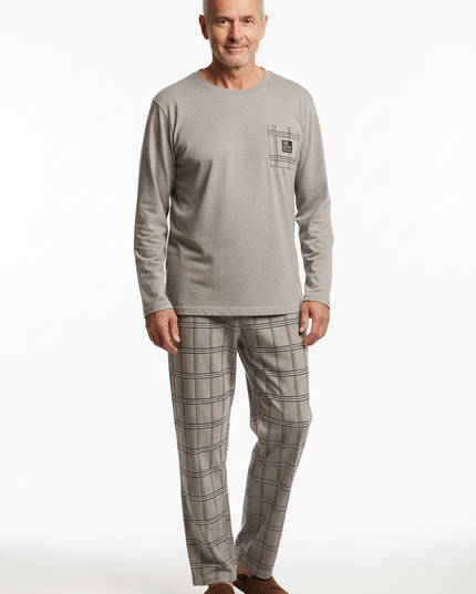 Schlafanzug Herren lang XXXL - beiges Karo-Design - Ansicht 5
