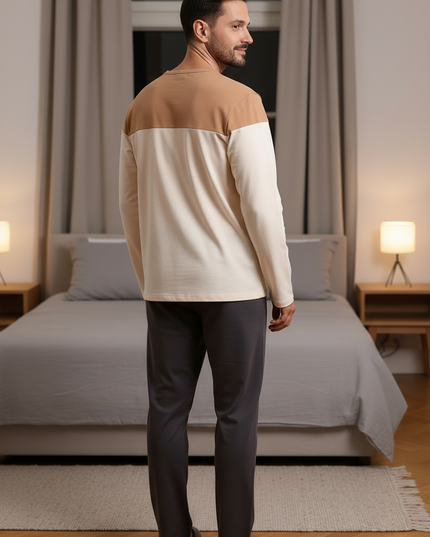 Schlafanzug Herren modern lang - Colorblock in Creme - Ansicht 1