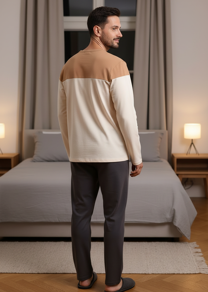 Schlafanzug Herren modern lang - Colorblock in Creme - Ansicht 1