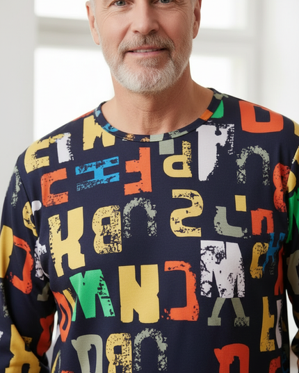 Schlafanzug Herren witzig: bunter Buchstaben-Print, Langarm - Ansicht 4