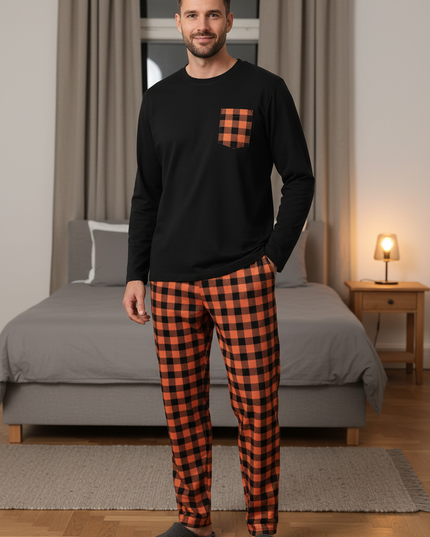 Schlafanzug warm - Schwarz mit Karo-Hose, M bis XXL - Ansicht 1