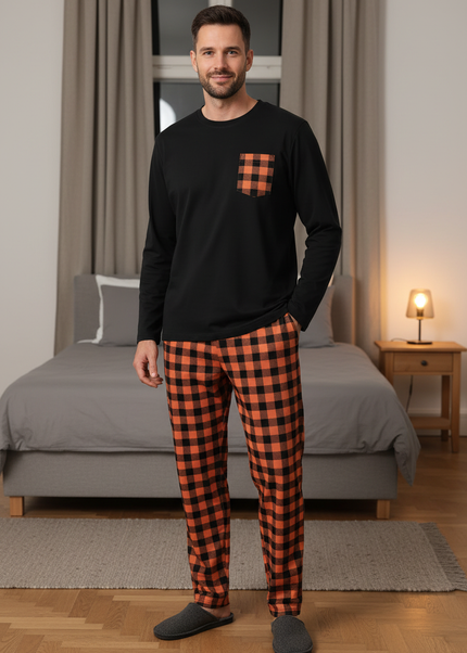 Schlafanzug warm - Schwarz mit Karo-Hose, M bis XXL - Ansicht 1
