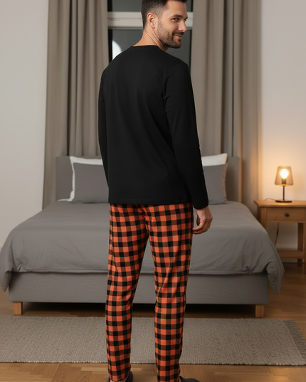 Schlafanzug warm - Schwarz mit Karo-Hose, M bis XXL - Ansicht 2
