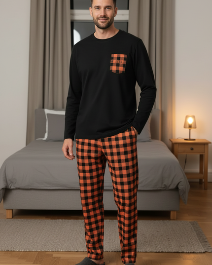 Schlafanzug warm - Schwarz mit Karo-Hose, M bis XXL - Ansicht 3