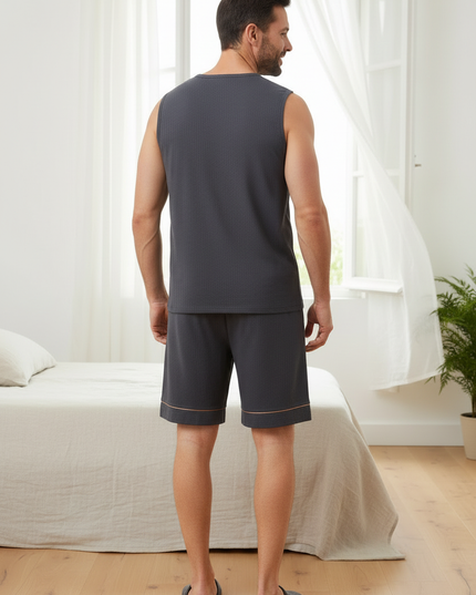 Sommer Pyjama Herren: ärmelloses Set mit oranger Paspel - Ansicht 2