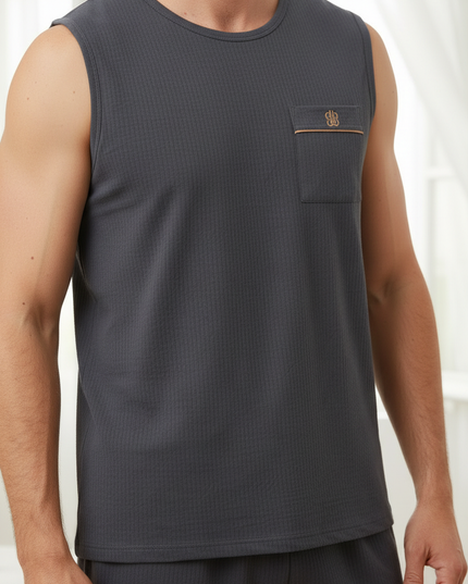 Sommer Pyjama Herren: ärmelloses Set mit oranger Paspel - Ansicht 4