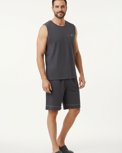 Sommer Pyjama Herren: ärmelloses Set mit oranger Paspel - Ansicht 5