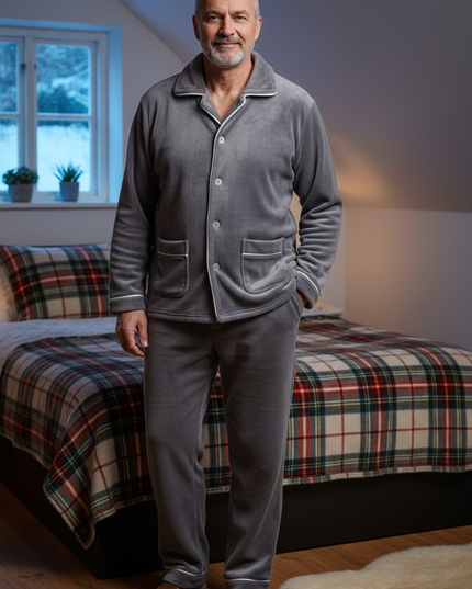 Warmer Flanell Pyjama Herren - grau mit weißer Paspel - Ansicht 1