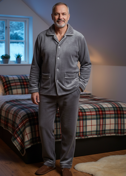 Warmer Flanell Pyjama Herren - grau mit weißer Paspel - Ansicht 1