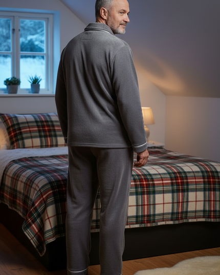 Warmer Flanell Pyjama Herren - grau mit weißer Paspel - Ansicht 2