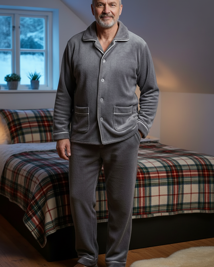 Warmer Flanell Pyjama Herren - grau mit weißer Paspel - Ansicht 3