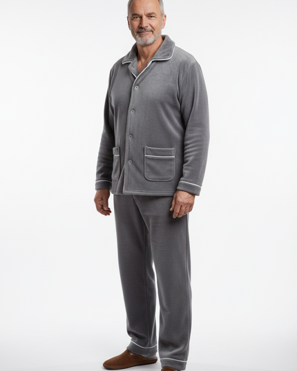 Warmer Flanell Pyjama Herren - grau mit weißer Paspel - Ansicht 5